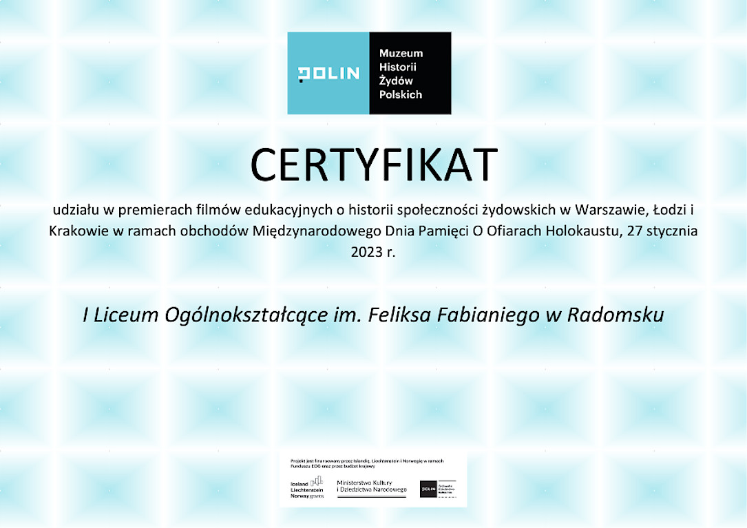 Certyfikat udziału w premierach filmów o historii społeczności żydowskich
