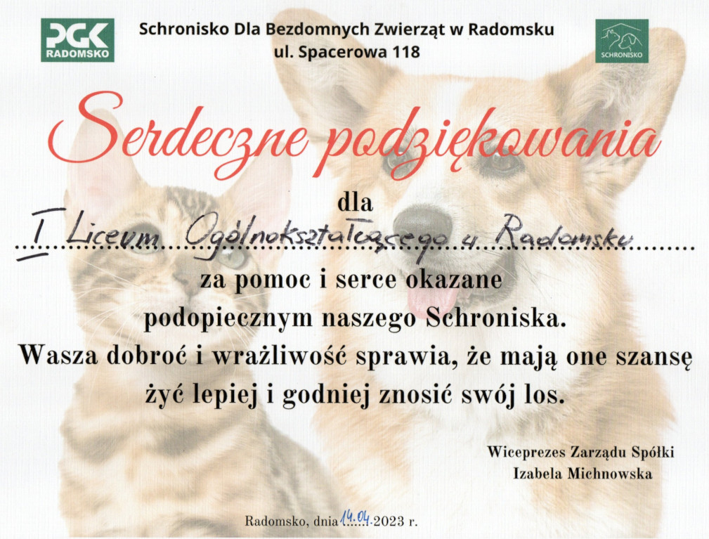 Podziękowania dla I LO za pomoc i serce okazane podopiecznym schroniska