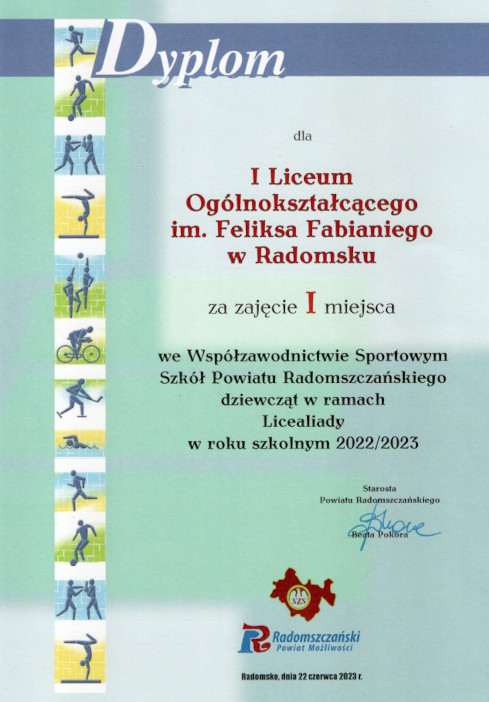 Dyplom dla ILO za zajęcie pierwszego miejsca w rywalizacji sportowej